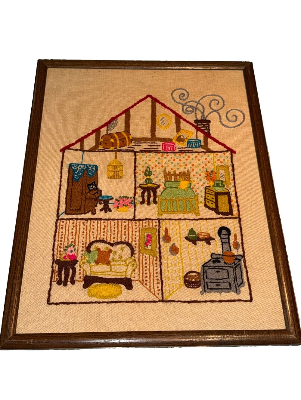 Crewel Embroidery Vintage Framed Art 20x15 Victorian Old Retro House Cottagecore